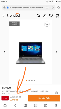 2399 TL(kayıtlı visa 2279 TL) Lenovo V15 AMD Athlon Gold 3150U 8GB 128GB SSD FREEDOS 15.6" FHD