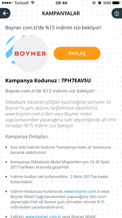 Odeabank mobil uygulamada %15 Boyner indirimi