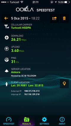  iPhone 6, 6+ İstanbul Turkcell Speedtest sonuçları