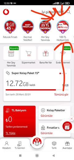 Vodafon faturasiza özel en az 50 TL üstü kolay paket yuklemeye 100 TL hediye ceki