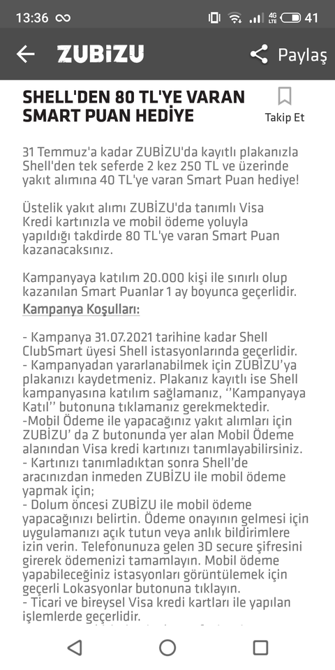 Zubizu ile Shellde 80 liraya varan yakıt puan.. 2*250=40 kayıtlı Visa kart ile +40=80