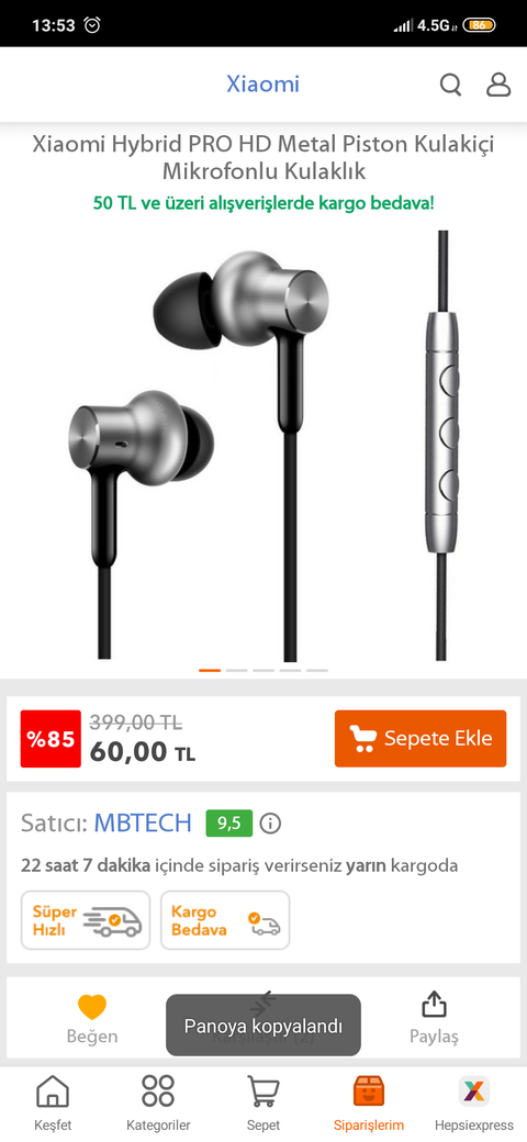 BİTTİ.!  HB - 60 TL - Xiaomi Hybrid PRO HD Metal Piston kulaklık