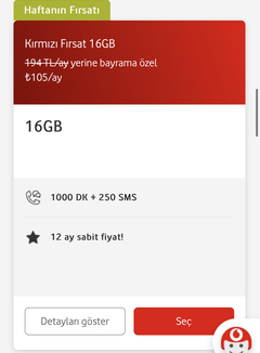 Kırmızı Fırsat Tarifeler! 16 GB 105₺, 24 GB 135₺, 32 GB 165₺