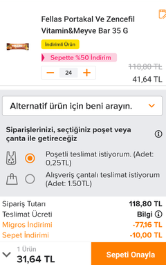 3,47 TL Fellas meyve barı gofret fiyatına (Migros sanal market)