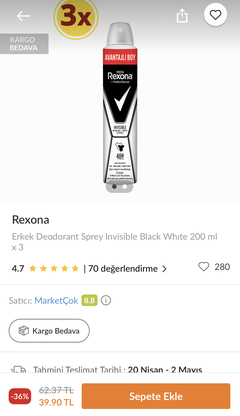 Rexona Deodorant 200 ml x 3 adet 40 TL | Trendyol