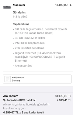 Apple Mac Mini 2018 Late - i5 8500, 32 GB Ram, İntel UHD Graphics 630