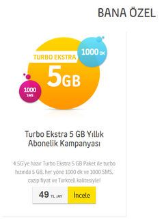 Faturalı Turbo Ekstra 5 gb Paketi 1000 dk 1000 sms 45TL!