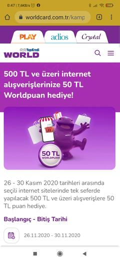 Worldcard seçili sitelerde 500/50