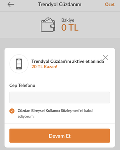 Trendyol Cüzdanım cep telefonu doğrulamasına 20₺ trendyol para