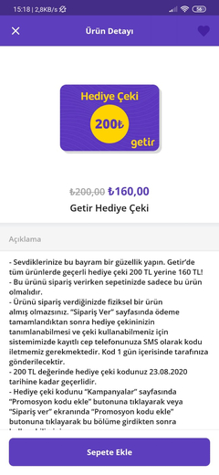 Getir 200 TL'lik hediye çeki Cepteteb %20 kombo ile 135 TL