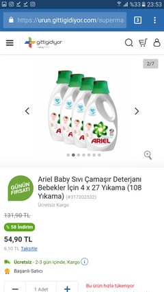 %58 Indirim - Ariel Baby Sıvı Çamaşır Deterjanı 27 Yıkama 14,90TL (4 Adet 54,90TL) Ücretsiz Kargo (Gittigidiyor)