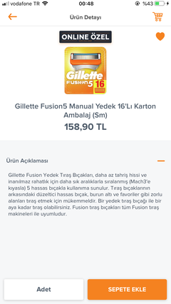 Migros sanal market - Gillette Fusion5 Manual Yedek 16'Lı 95,34 TL