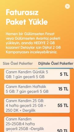 Türkcell den faturasız 25 - 30 gb paketler