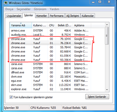  Google Chrome Çok fazla işlem  yapıyor