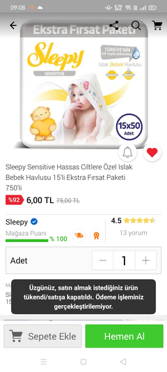 Sleepy 750'li Islak Mendil 64 TL Oldu. Kargo Bedava (N11)