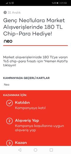 Neo genç Market ve İnternet harcamasina %5 chip 31 Aralık son (kişiye özel) 