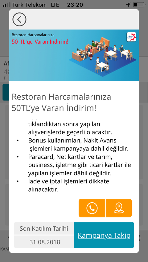 Denizbank bireysel kredi kartı ile restoran harcamalarına 50 TL’ye varan indirim (%15)