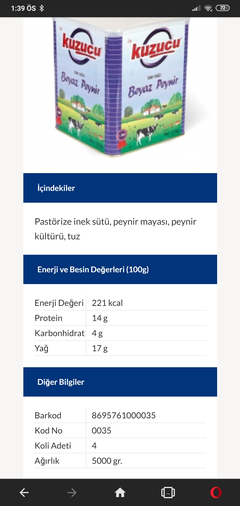 5 kg Beyaz Peynir 91.50 TL Ücretsiz Kargo