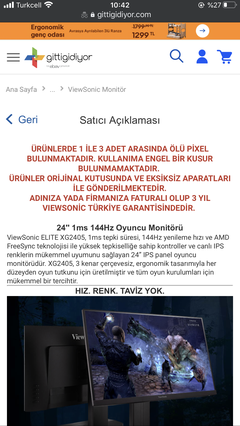 Viewsonic 144hz monitör ölü piksel