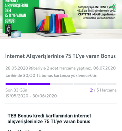 Teb internet harcaması 150tlye 15tl puan