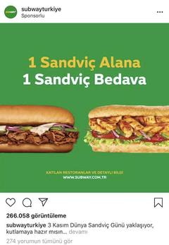 3 Kasım Dünya Sandviç Günü Subway 1 Alana 1 Bedava