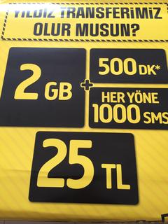  TURKCELL 500DK+HY1000SMS+2GB=25₺ gnctrkcll