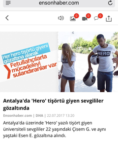 'Hero'(Kahraman) tişörtü giyen sevgililer gözaltına alındı