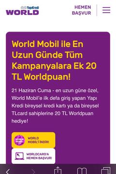 World mobil ilk defa giriş yapana 20 tl puan hediye