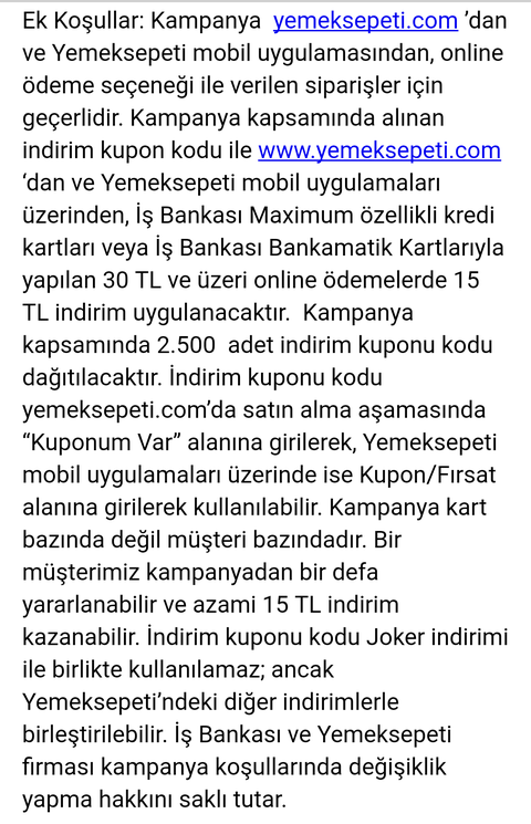 Yemek Sepeti 30 TL ye Anında 15 TL İndirim (Maximum Mobil İçerir)