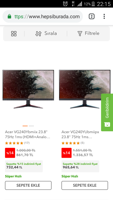 Acer 23.8" 75hz 1ms İps Panel FreeSync 732 TL (hepsiburada)