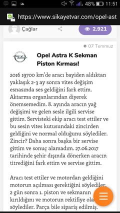 Opel Astra K 1.4T Piston Kırma Problemi