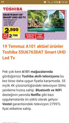 Toshiba 49U7763DAT 4K TELEVİZYON 2.300 TL