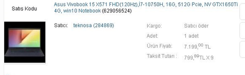 Asus Vivobook 15 X571FHD(120Hz),İ7-10750H, 16G, 512G Pcie, GTX1650Ti 4G, win10  7.200 TL GG(teknosa)