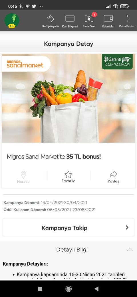 Bonus flasha özel seçili online market 30 + Migros sanal market 35 TL bonus