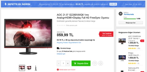 AOC 21.5" G2260VWQ6 75hz 1ms Analog+HDMI+Display Full HD FreeSync 860 TL N11