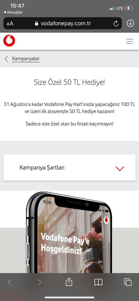 Vodafone pay 100tl harcamaya 50tl