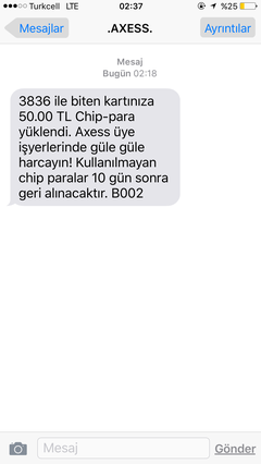 Axess Mobil e özel 4*100e 50 çip 30 kasıma kadar. 