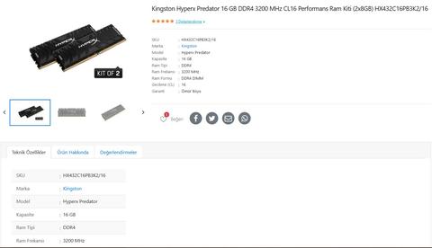 [SATILDI] Kingston Hyperx Predator 16 GB DDR4 2x8 16GB ( 1 ADET KALDI. )