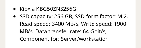 Kioxia KBG50ZNS256G M.2 NVME (3400 MB/s - 2000 MB/s)   256Gb