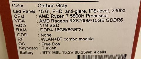 MSI Delta 15 5800H/6700M 10GB Vram/16GB/1TB Garantili