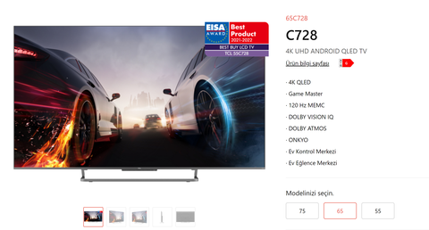 [SATILDI] TCL 65C728 QLED 65 inç 165 Ekran 4K 120 Hz Android TV