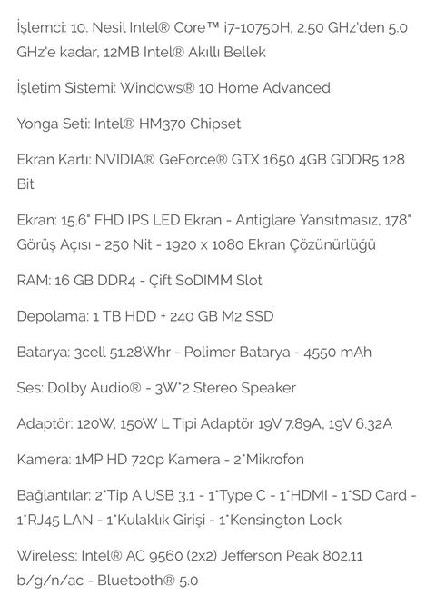 Satılık Excalibur | i7 10750H | GTX1650 | 16GB/1TB