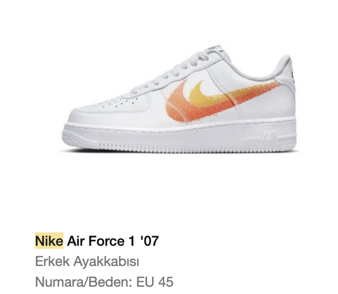 Nike air force 1 turuncu orijinal 45 numara 2.000 Tl