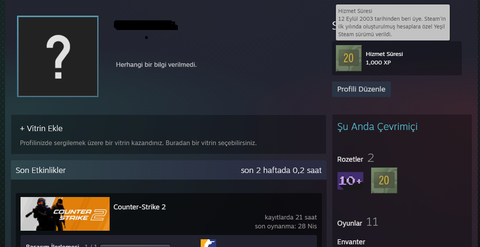 Satılık Steam Hesabı / 5 Digit / 12 Eylül 2003 / Seçkin CS2