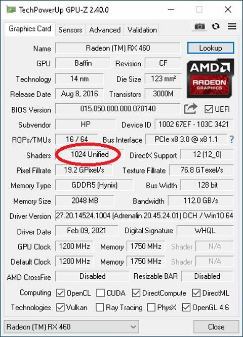 2 GB HP(oem)RX-460 1024 SHADER