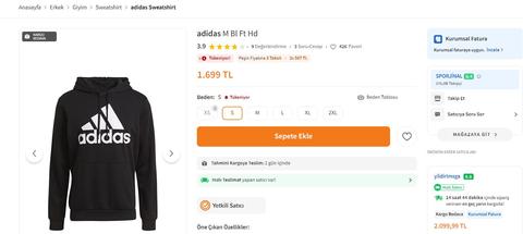 ORJİNAL SIFIR ADİDAS Ft Hd GK9540 KAPÜŞONLU SWEATSHIRT