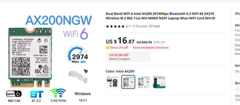 SATILIK - Dual Band Wireless M.2 Wifi 6 Intel AX200