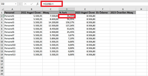 Excel Maaş Zammı Hesaplarken Asgari Ücret ile Kıyaslayarak hesaplamak