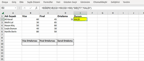 Excel Vize Final Ortalaması Hesaplama