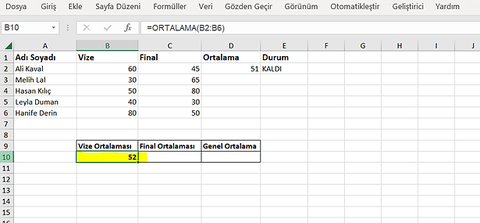 Excel Vize Final Ortalaması Hesaplama